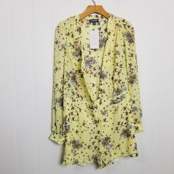 ModCloth Romper Womens Size M Yellow Floral Dragonfly Long Sleeve Jumper - Picture 11 of 14